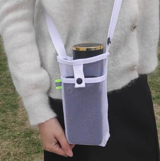 Water Bottle Cover Bag Pouch with Adjustable Straps Mesh Water Pouch Holder Shoulder Strap Black Bottle Carrier Insulat Bag