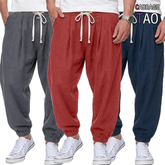 Mens Cotton Linen Trousers Casual Loose Fit Harem Pants Drawstring Bottoms for Spring Autumn Streetwear Joggers for Daily Wear