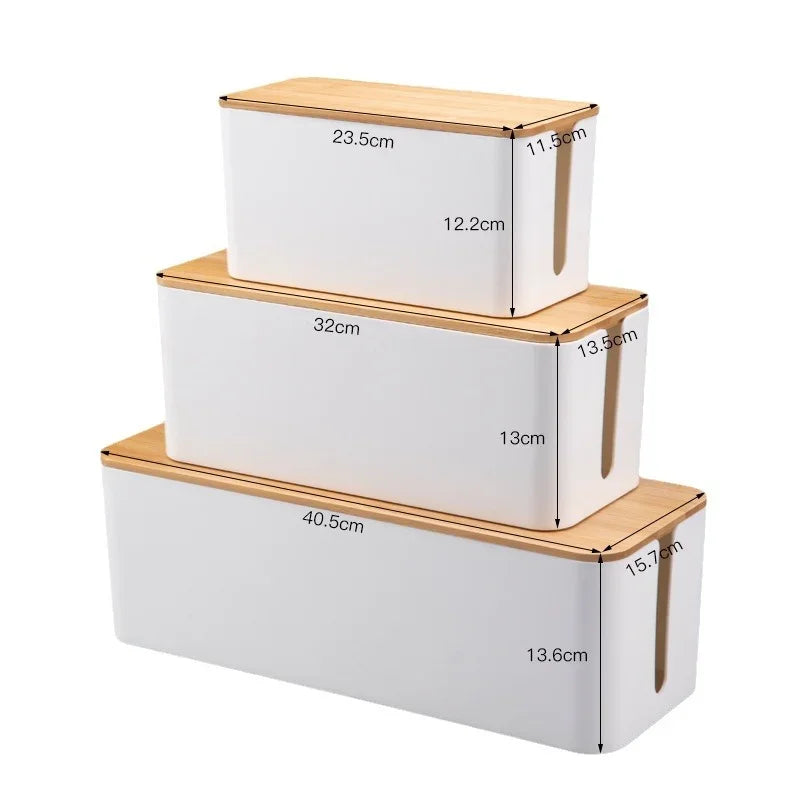 Bamboo Plastic Cable Organizer Box Wire Storage with Lid for Power Strips Cords Chargers Home Office Desk Management