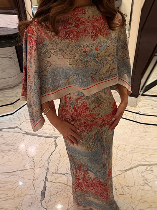 Women Tropical Leaf Print Cape Two Piece Set Batwing Loose Top High Waist Maxi Dress 2026 Summer Fashion Vacation Casual Suit