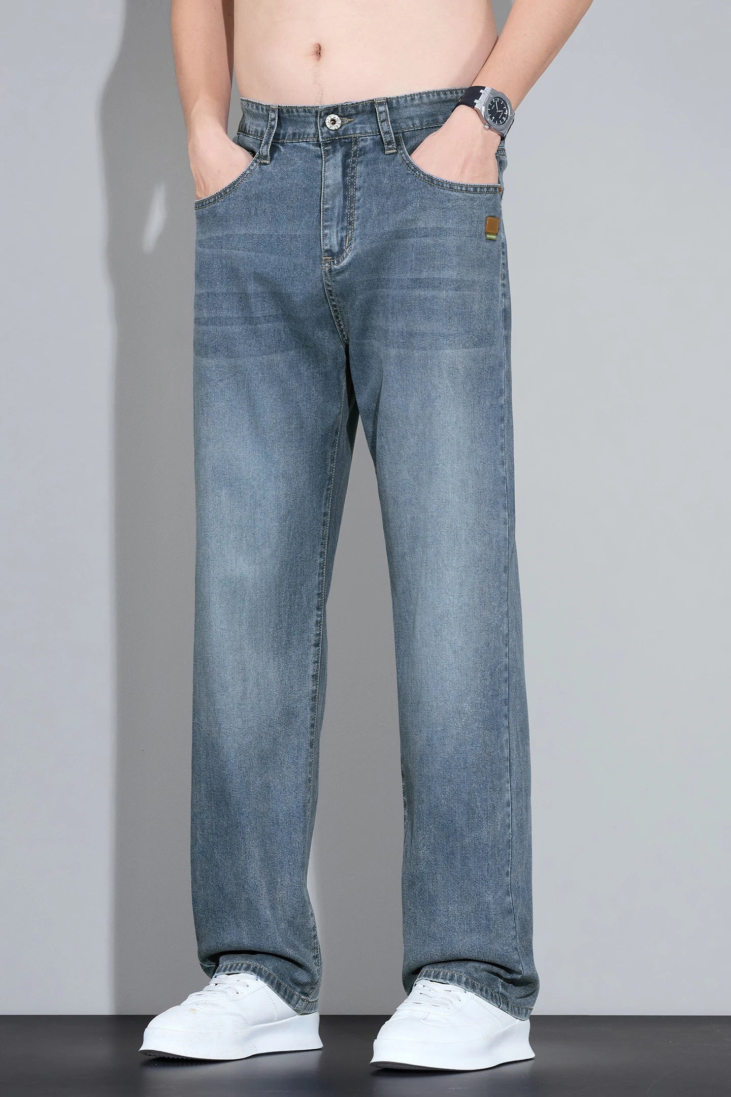 Lyocell Ice Silk Jeans Men's Fashion Korean Ultra-Thin Denim Pants Soft Drape Comfortable Business Straight Casual Trousers