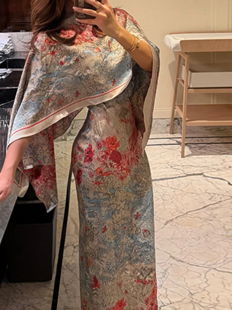 Women Tropical Leaf Print Cape Two Piece Set Batwing Loose Top High Waist Maxi Dress 2026 Summer Fashion Vacation Casual Suit