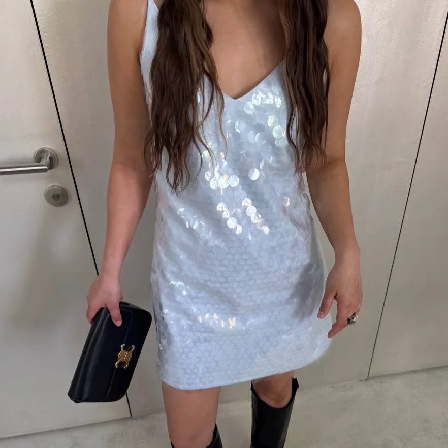 Women's Sexy Sequin Backless Short Dress High Waist Sleeveless Bodycon Mini Dresses 2026 Beach Vacation Party Club Outfits