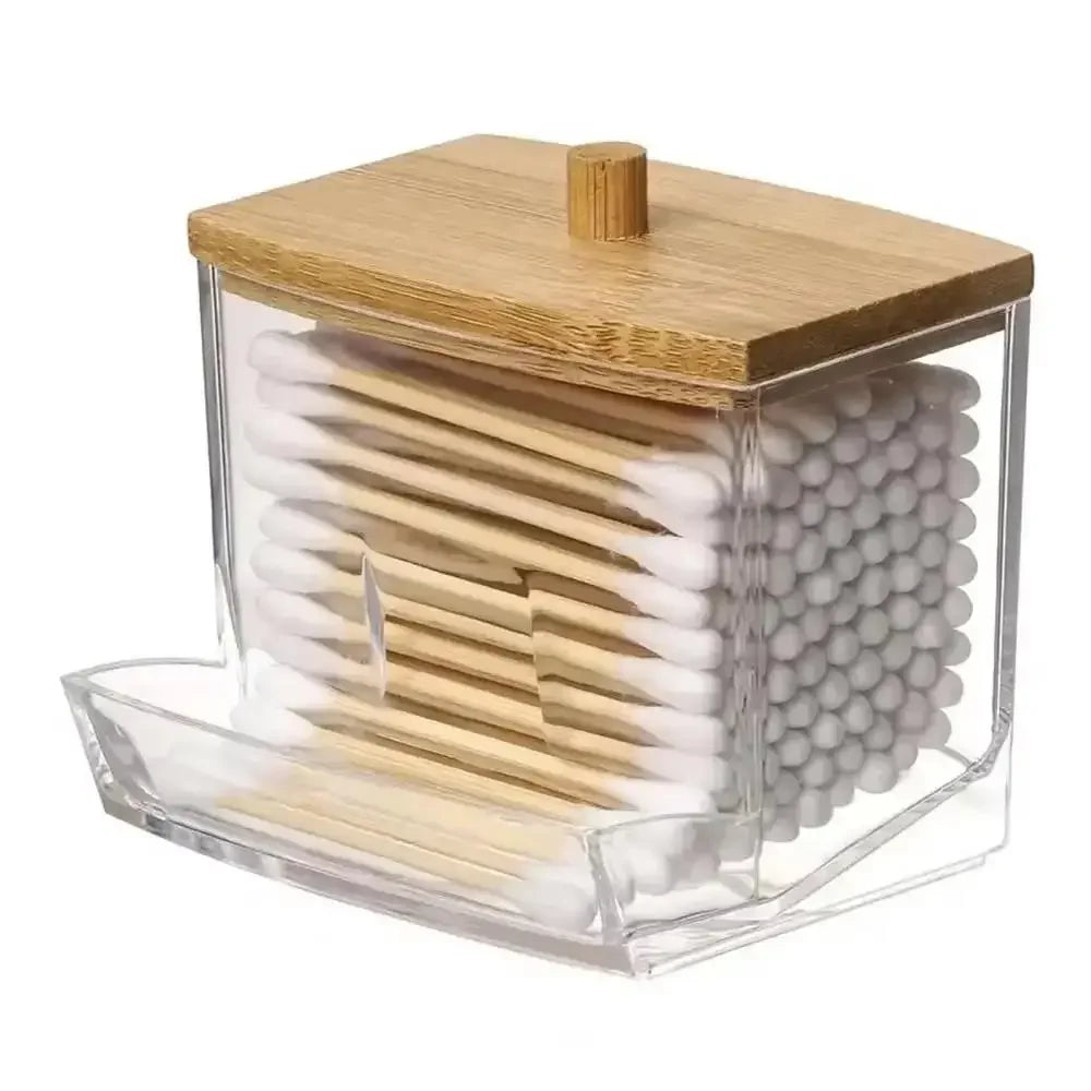 1pcs Cotton Swab Storage Box Acrylic Jar Makeup Organizer, Cotton Round Pad Holder, Q-tip Dispenser with Bamboo Lid