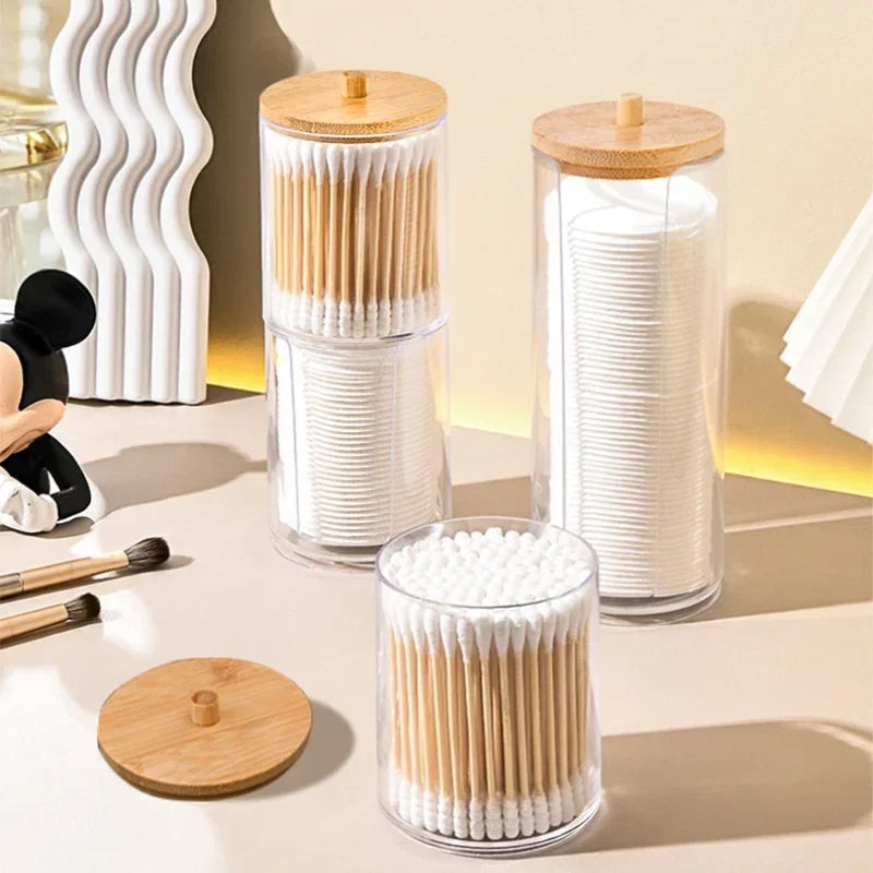 1pcs Cotton Swab Storage Box Acrylic Jar Makeup Organizer, Cotton Round Pad Holder, Q-tip Dispenser with Bamboo Lid