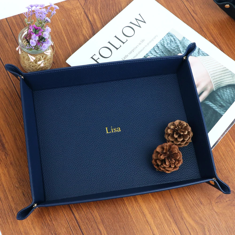 Customized Name PU Leather Rectangular Storage Box for Home Clutter Organization - Entrance Key, Cosmetics, Jewelry Storage Tray