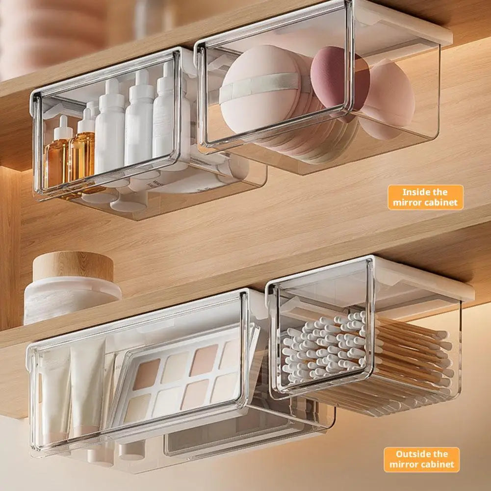 Plastic Drawer Style Storage Box Self Adhesive Large Capacity Makeup Storage Container Transparent Space Saving ﻿