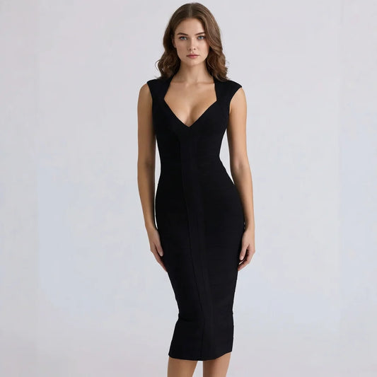 BEAUKEY Luxury Sexy Plunge V Bandage Long Dress Women Striped  Bodyocn  Party Celebrity Evening Dress Elastic Knitted Vestidos