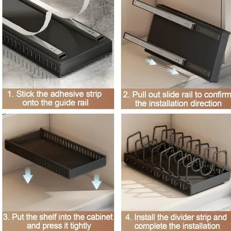 Pull out Pots and Pans Organizer Sliding Pot Lid Holder Kitchen Spice Rack Tableware Organizer Multifunctional Dish Drying Racks