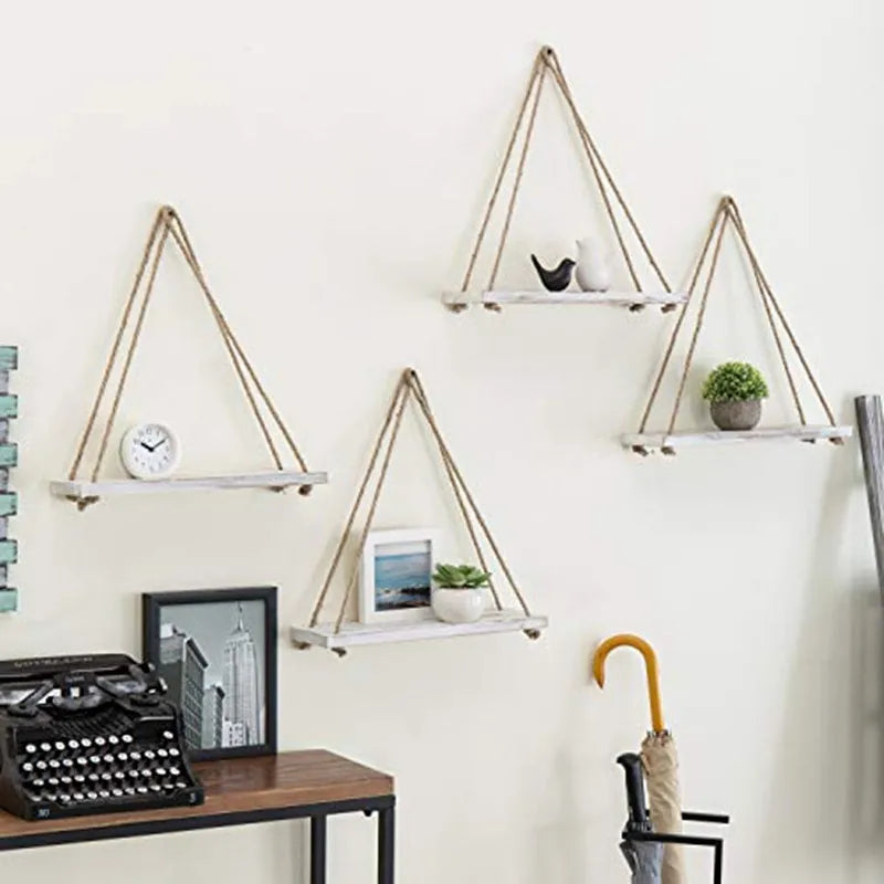 1/3pc Wood Swing Hanging Rope Wall Mounted Floating Shelves Home Living Room Wall Shelf Sundries Storage Outdoor Garden Decor