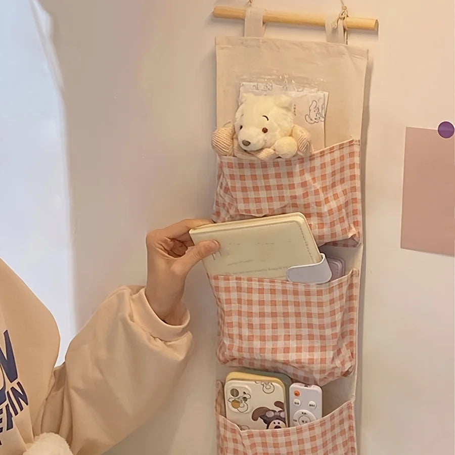Pink Storage Bag Rack Canvas Wall Mounted Bedroom Storage Bag Multifunctional for Books, Jewelry, and Miscellaneous Items,