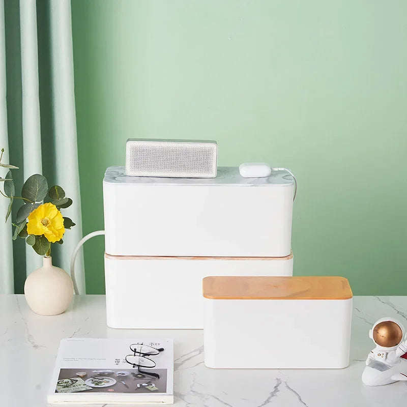 Bamboo Plastic Cable Organizer Box Wire Storage with Lid for Power Strips Cords Chargers Home Office Desk Management