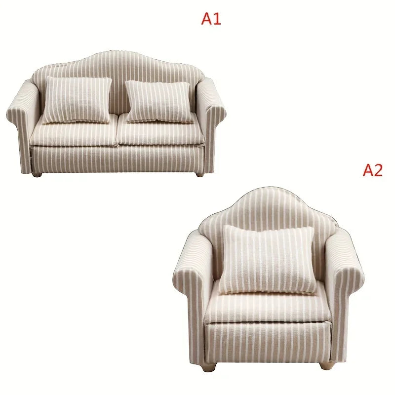 1: 12 Mini Furniture Sofa DIY Decoration Doll House Mini Furniture Living Room Furniture White Beige Sofa with Pillows