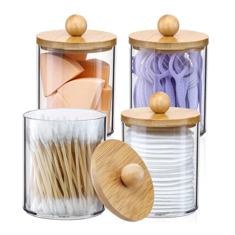 1pcs Cotton Swab Storage Box Acrylic Jar Makeup Organizer, Cotton Round Pad Holder, Q-tip Dispenser with Bamboo Lid