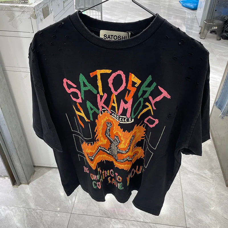 New Satoshi Nakamoto T Shirt Men Woman Fashion Crewneck Washed Damaged Hole Old Graffiti Top Tee Print Short Sleeve Streetwear