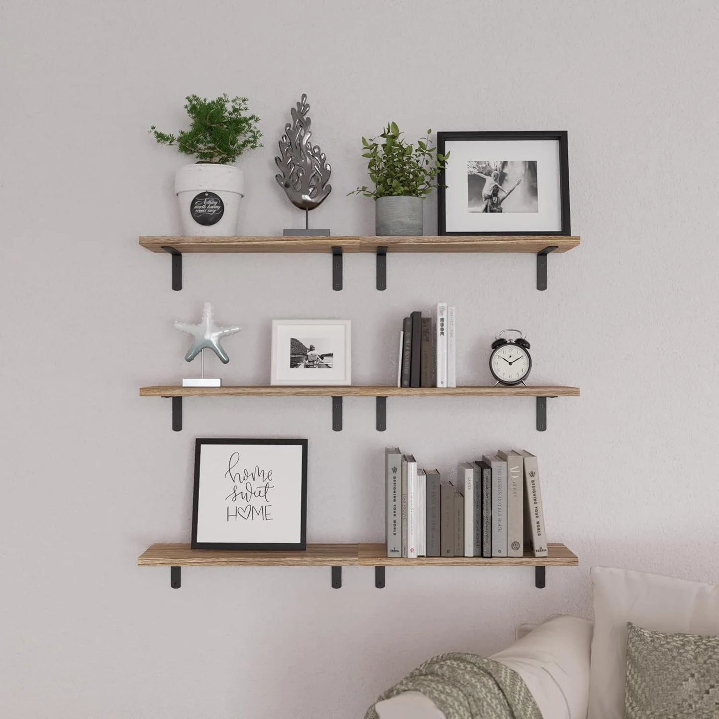 Wood Floating Shelves Set of 6, Shelves for Wall Decor, Farmhouse Shelf for Bedroom, Bathroom Storage Shelves, Book Shelves for
