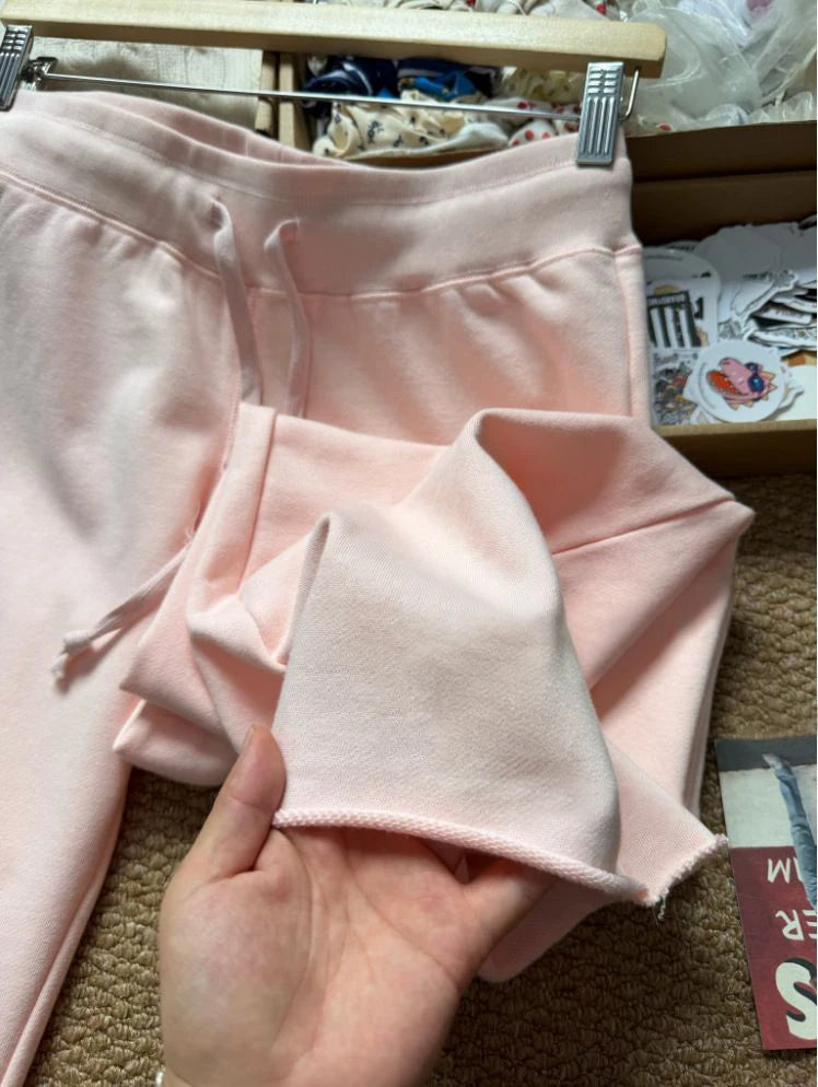 New Light Pink Drawstring Sweatpant Woman Spring Raw Hem Low Waist Straight Long Pants Casual All-match Cotton Sport Trousers