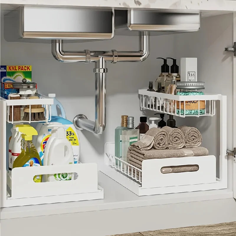 2-Tier Sliding Under Sink Organizer - Rustproof Metal Cabinet Storage for Kitchen and Bathroom Cleaning Supplies and Essentials