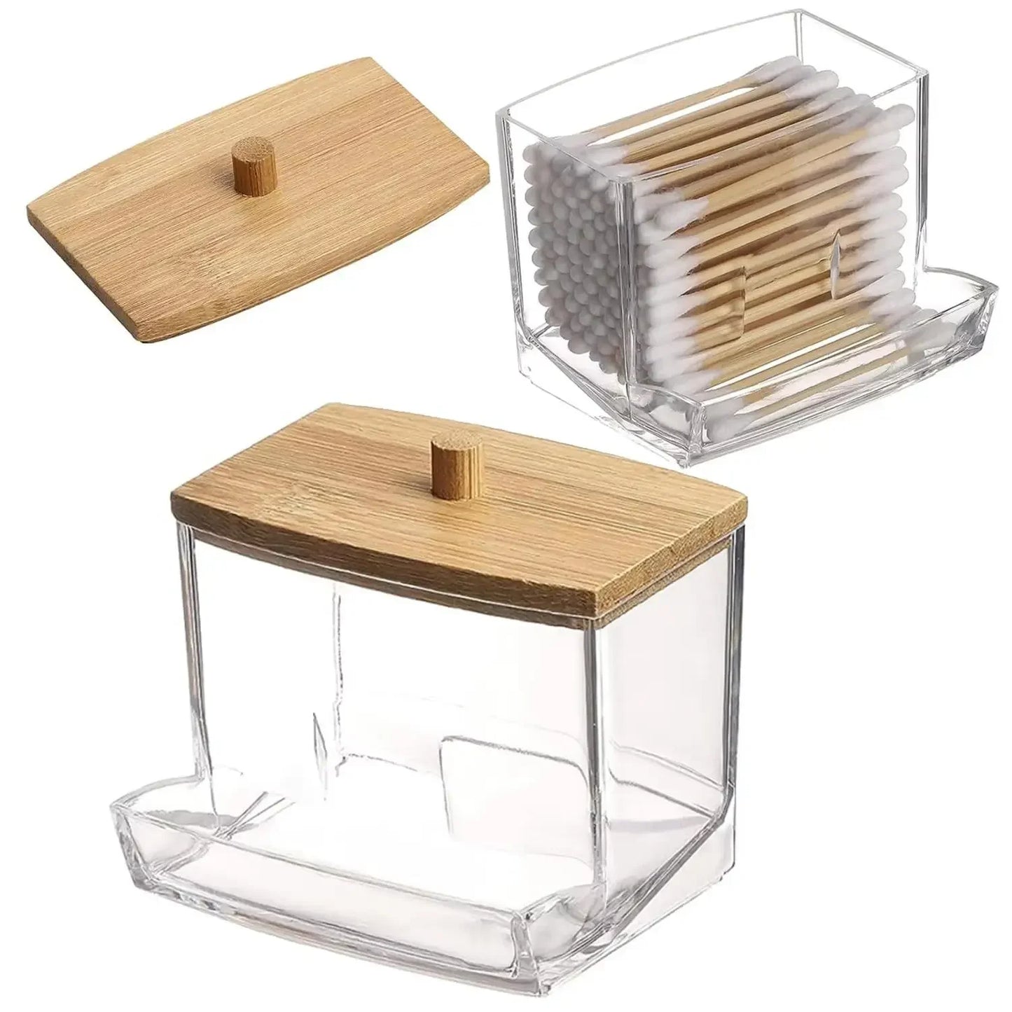 1pcs Cotton Swab Storage Box Acrylic Jar Makeup Organizer, Cotton Round Pad Holder, Q-tip Dispenser with Bamboo Lid