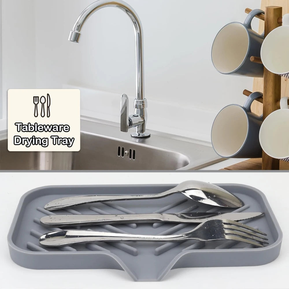 Silicone Faucet Mat Kitchen Sink Splash Drying Pad with Drain Soap Dispenser Sponge Storage Tray