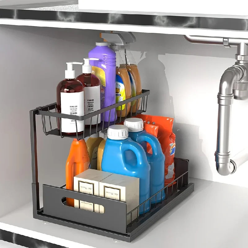 2-Tier Sliding Under Sink Organizer - Rustproof Metal Cabinet Storage for Kitchen and Bathroom Cleaning Supplies and Essentials