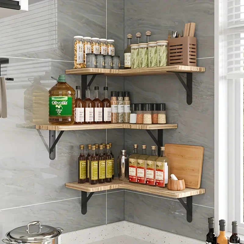 L-Shaped Floating Corner Wall Shelf Paulownia Wood Bathroom Kitchen Storage Rack 41x29x1.5cm