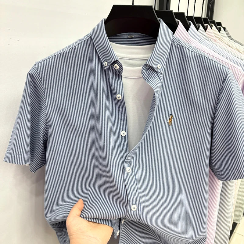 High End Brand Embroidered Striped Shirt Men's Short Sleeved Lapel Business Breathable Shirt Summer New Pure Cotton Jacket