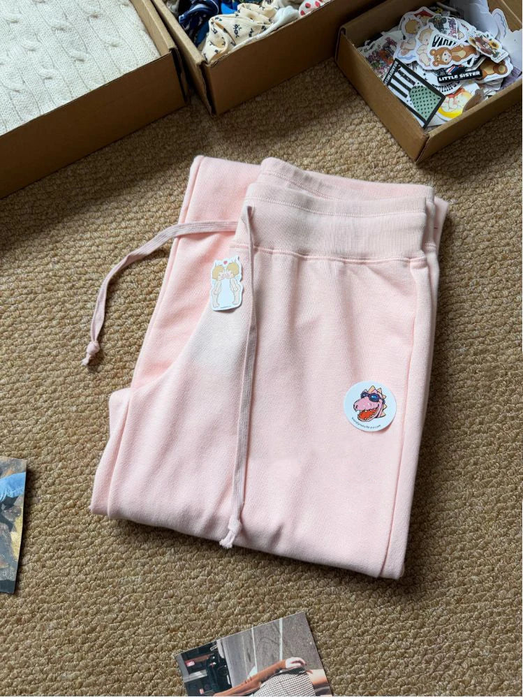New Light Pink Drawstring Sweatpant Woman Spring Raw Hem Low Waist Straight Long Pants Casual All-match Cotton Sport Trousers