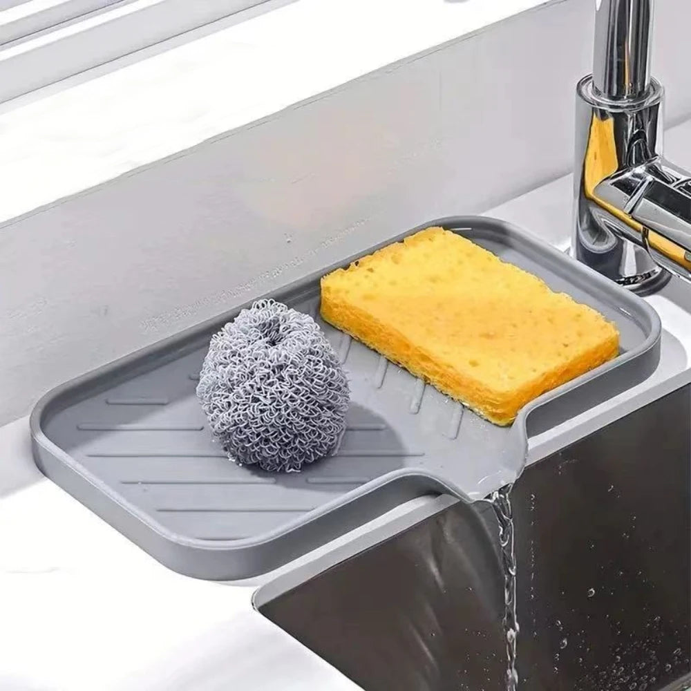 Silicone Faucet Mat Kitchen Sink Splash Drying Pad with Drain Soap Dispenser Sponge Storage Tray