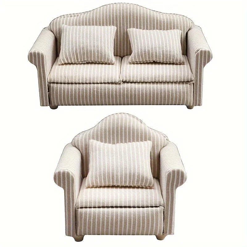 1: 12 Mini Furniture Sofa DIY Decoration Doll House Mini Furniture Living Room Furniture White Beige Sofa with Pillows
