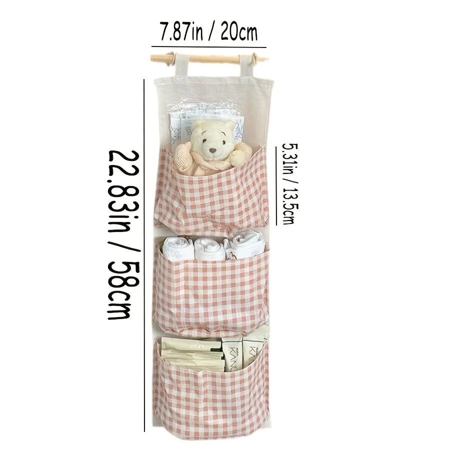 Pink Storage Bag Rack Canvas Wall Mounted Bedroom Storage Bag Multifunctional for Books, Jewelry, and Miscellaneous Items,