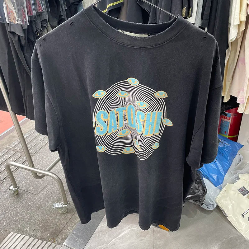 New Satoshi Nakamoto T Shirt Men Woman Fashion Crewneck Washed Damaged Hole Old Graffiti Top Tee Print Short Sleeve Streetwear