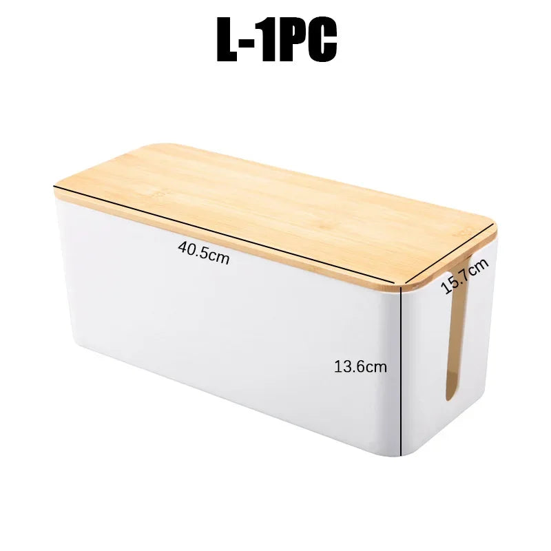 Bamboo Plastic Cable Organizer Box Wire Storage with Lid for Power Strips Cords Chargers Home Office Desk Management