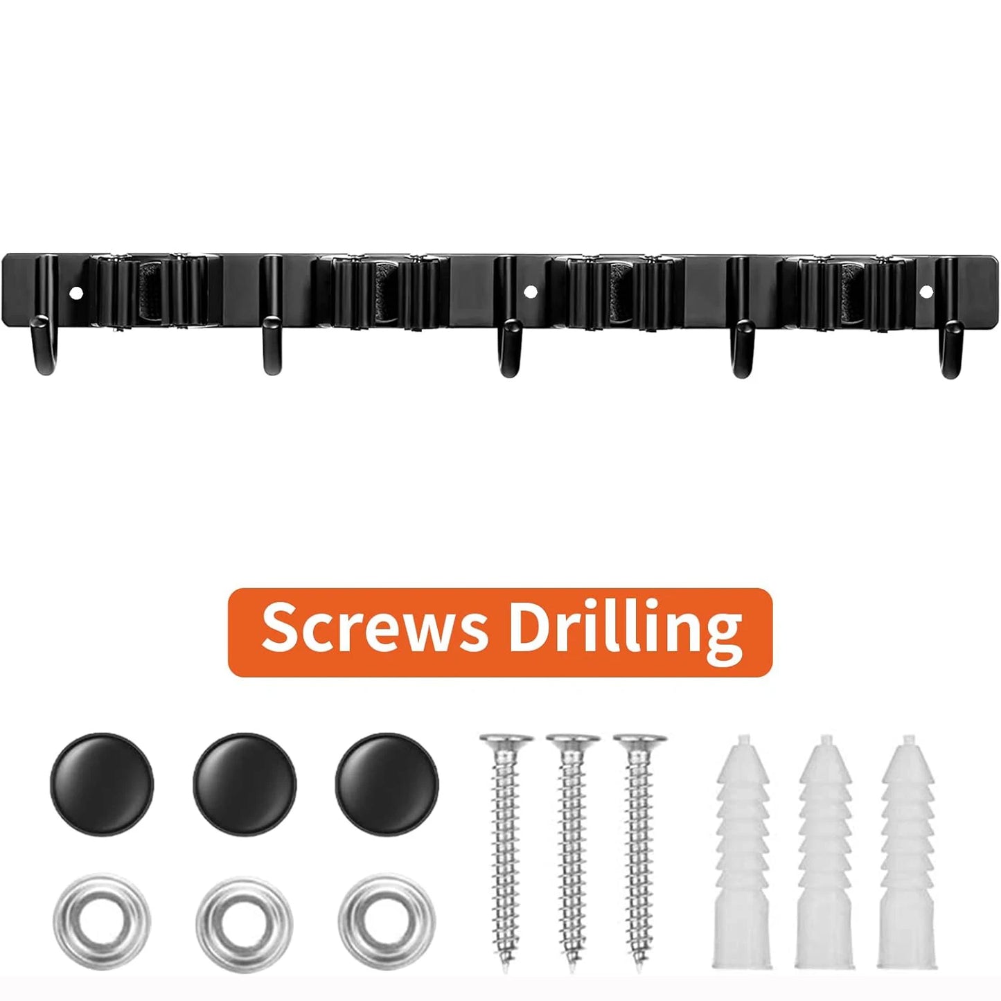 1 Heavy-Duty Metal Tool Rack with 4 Slots and 5 Hooks - Wall-Mounted Storage for Garden Tools, Brooms, Mops, and Garage Equipment, Tool Rack Storage, Black