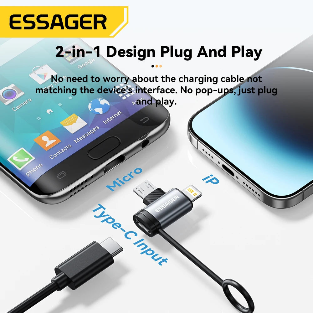 Essager 2 IN 1 Lighting/Micro Adapter Fast Charging USB Type C Female Connector For iPhone 17 16 15 14 13 12 11 IPad Converter