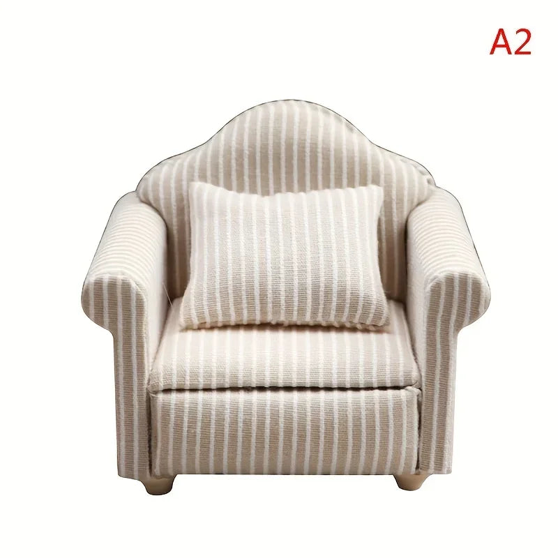 1: 12 Mini Furniture Sofa DIY Decoration Doll House Mini Furniture Living Room Furniture White Beige Sofa with Pillows