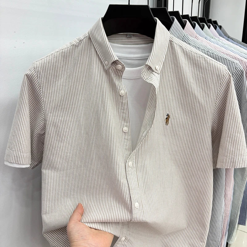 High End Brand Embroidered Striped Shirt Men's Short Sleeved Lapel Business Breathable Shirt Summer New Pure Cotton Jacket