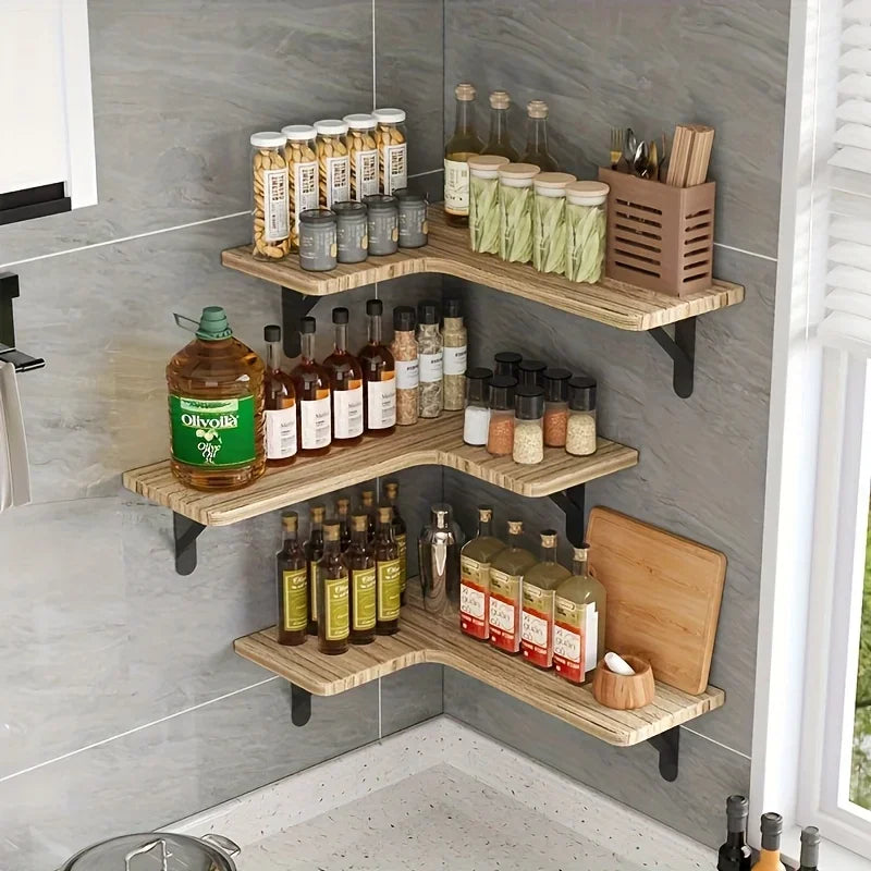 L-Shaped Floating Corner Wall Shelf Paulownia Wood Bathroom Kitchen Storage Rack 41x29x1.5cm