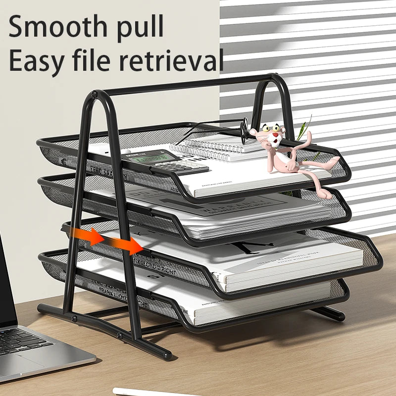 Sliding Paper Tray Organizer Metal Mesh Desktop File Storage Rack Document Letter Holder for Office Home School Classroom