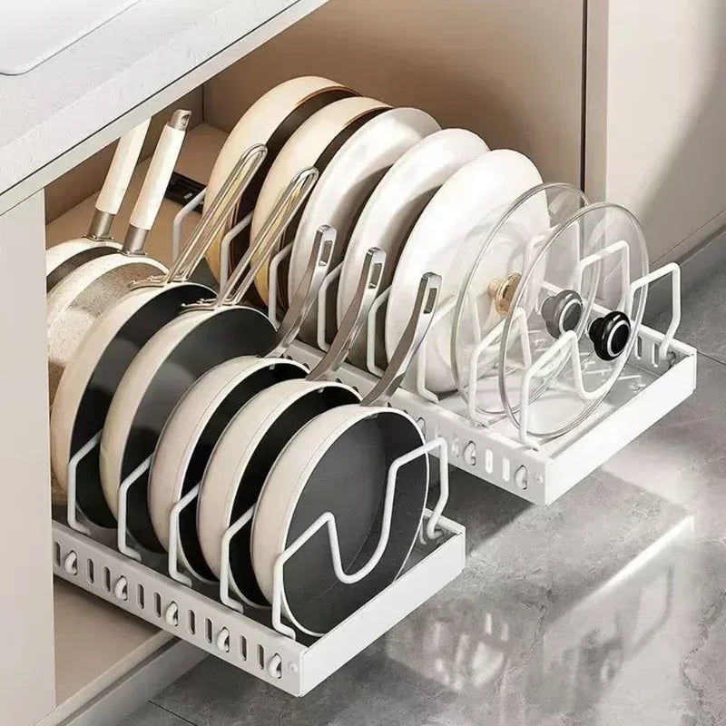 Pull out Pots and Pans Organizer Sliding Pot Lid Holder Kitchen Spice Rack Tableware Organizer Multifunctional Dish Drying Racks