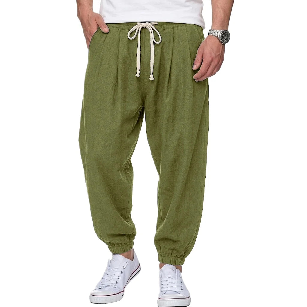 Mens Cotton Linen Trousers Casual Loose Fit Harem Pants Drawstring Bottoms for Spring Autumn Streetwear Joggers for Daily Wear