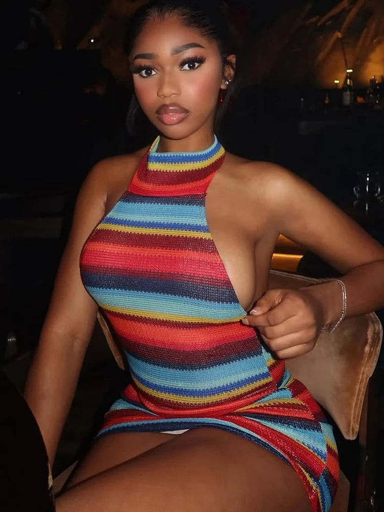Kliou Stripe Patchwork Mini Dress Woman Bandage Halter Off Shoulder Backless Skinny Peach Hip Hot Girls Street Fashion Bodycon