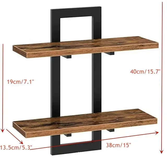 2 Tier Rustic Wood Floating Shelves With Sturdy Metal Frame Wall Shelf Organizer Rack For Living Room Bedroom Kitchen Bathroom