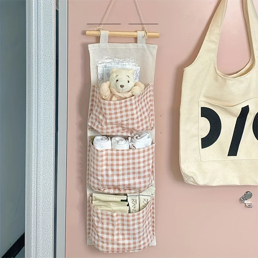 Pink Storage Bag Rack Canvas Wall Mounted Bedroom Storage Bag Multifunctional for Books, Jewelry, and Miscellaneous Items,