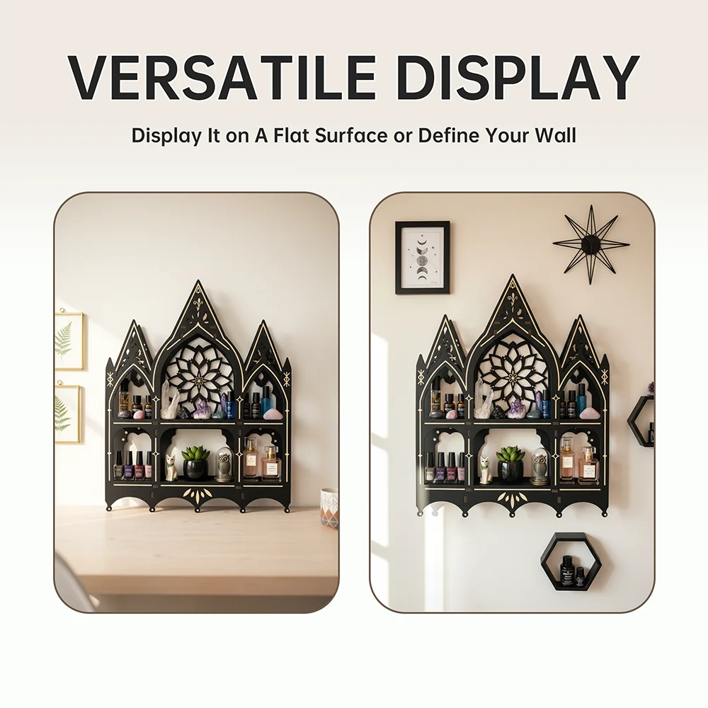 Wall Mounted Floating Shelves, Wooden Gothic Church Crystal Display Shelf,Gothic Home Decor, Boho Living Room Accessories