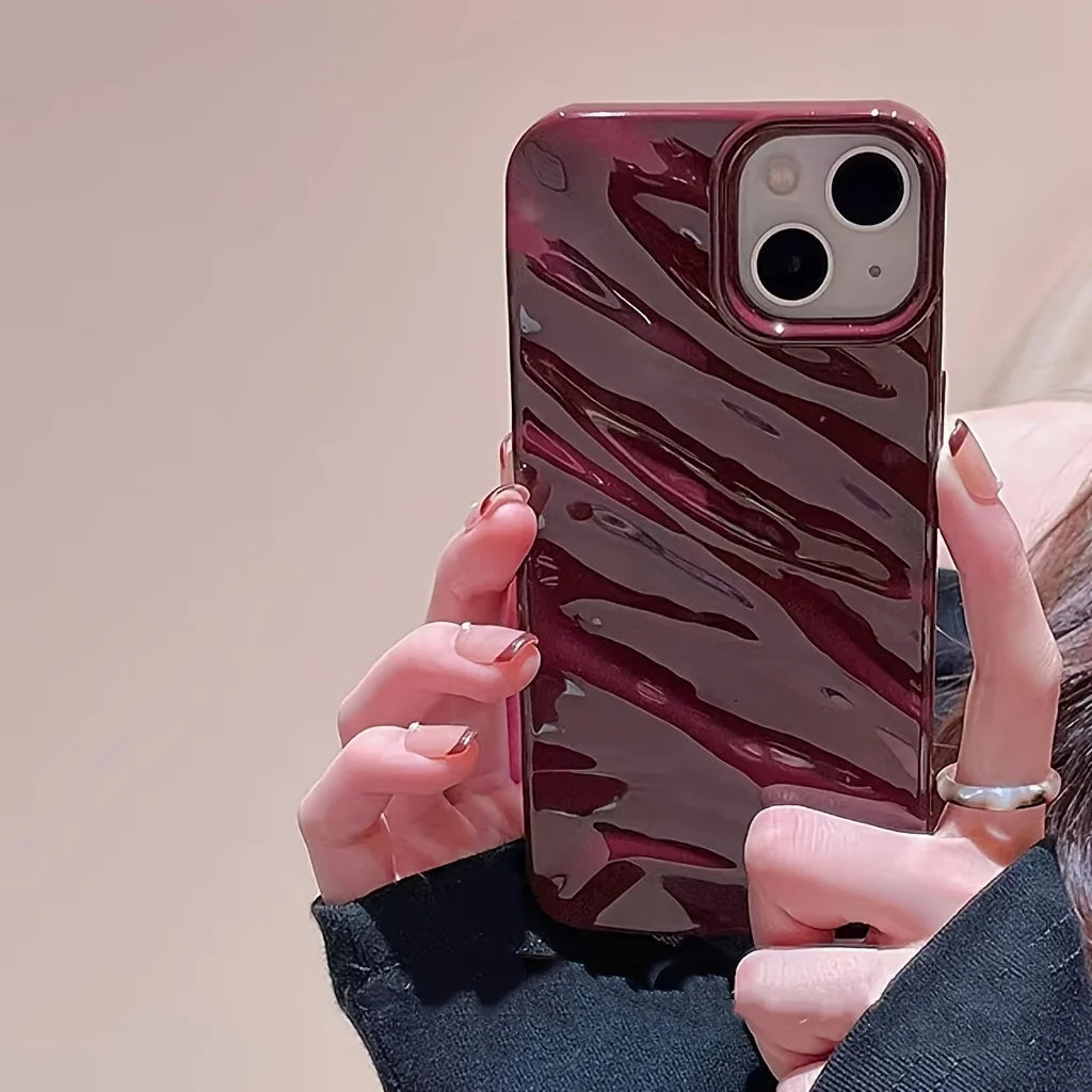 for iPhone 16 15 14 Plus 13 12 11promax three-dimensional pleated wave wine burgundy high-end fashion Back Soft Cover