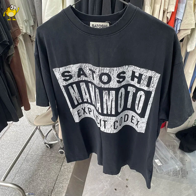 New Satoshi Nakamoto T Shirt Men Woman Fashion Crewneck Washed Damaged Hole Old Graffiti Top Tee Print Short Sleeve Streetwear