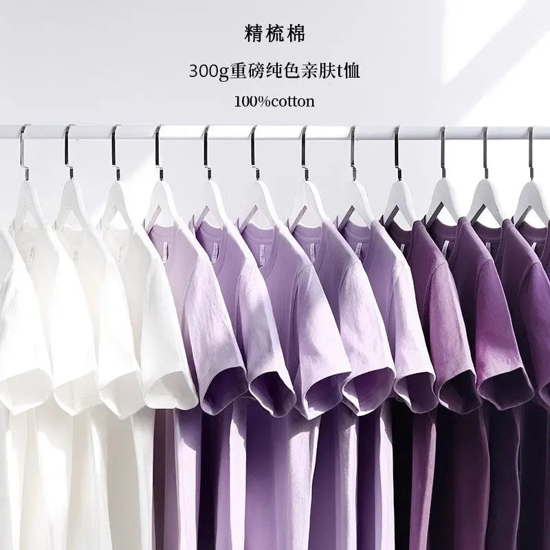 Men's and Women's T-shirts 300G Heavy Gray-purple Round Neck Short-sleeved T-shirts Women's Basic Pure Cotton Simple