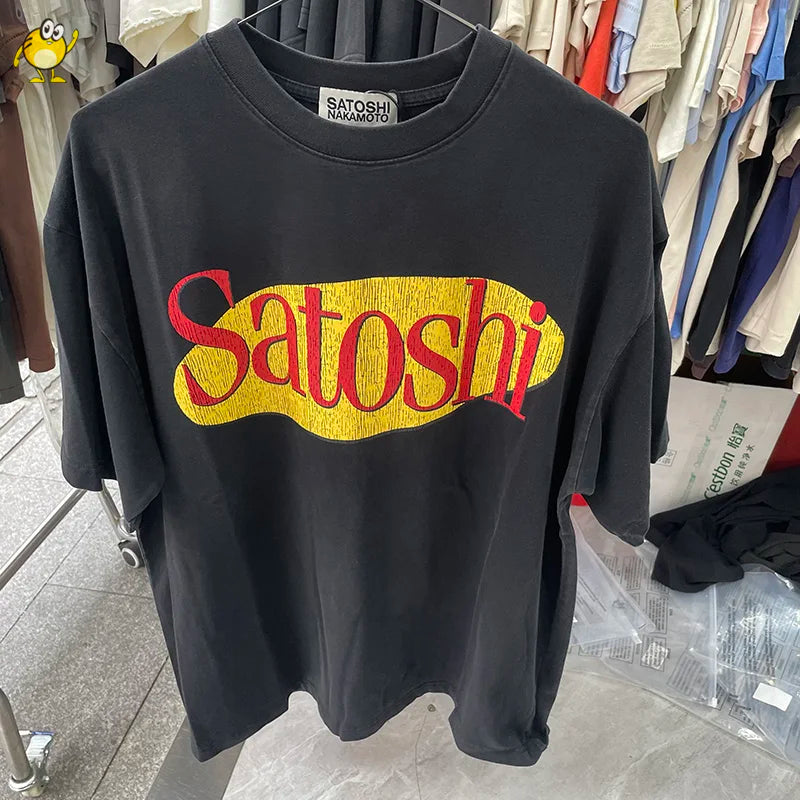 New Satoshi Nakamoto T Shirt Men Woman Fashion Crewneck Washed Damaged Hole Old Graffiti Top Tee Print Short Sleeve Streetwear
