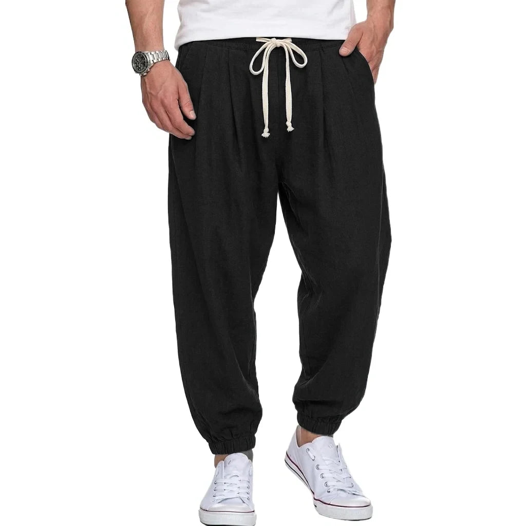 Mens Cotton Linen Trousers Casual Loose Fit Harem Pants Drawstring Bottoms for Spring Autumn Streetwear Joggers for Daily Wear